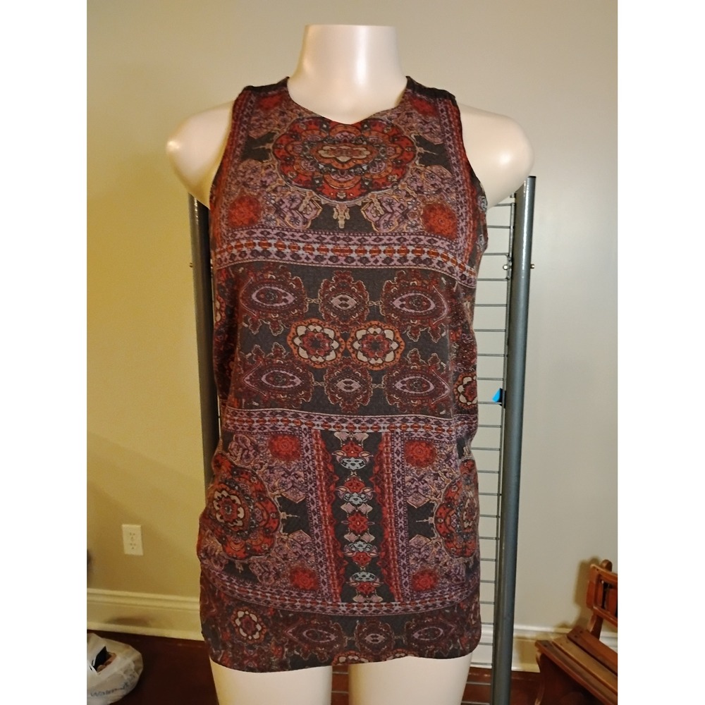 Ecote Womens Paisley Keyhole‎ Back Sleeveless Blouse Burgundy Brown Small